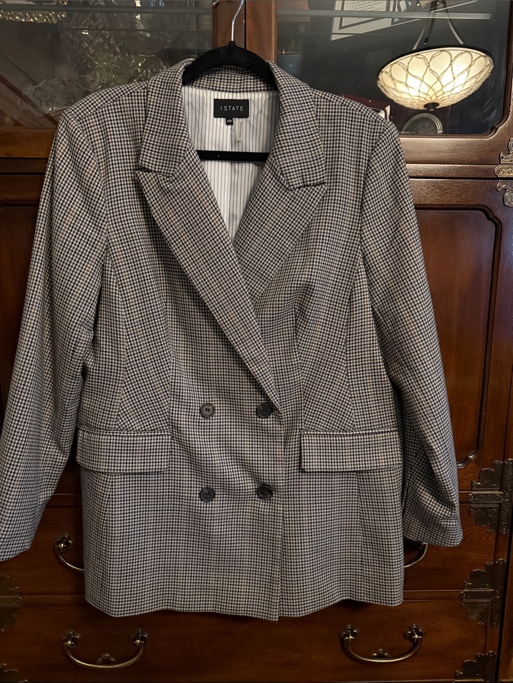 1. State Black and White Checked Double-Breasted Blazer